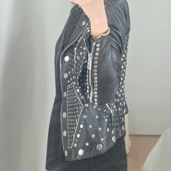 Nour Hammour Metal Studded Black Leather Motorcycle Jacket - Picture 3 of 5